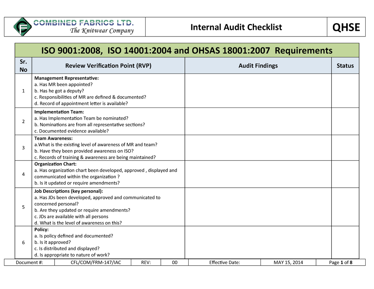 147. Internal Audit Checklist – – Studocu Pertaining To Iso 9001 Internal Audit Report Template