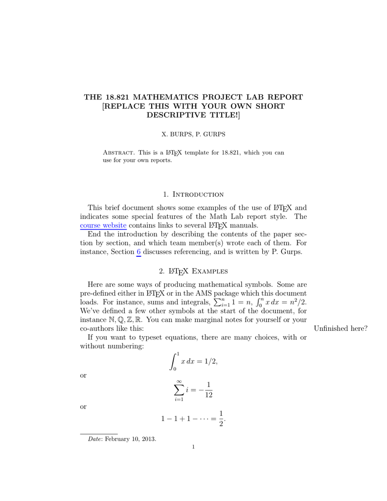 18.821 Mathematics Project Lab Report The [Replace Intended For Project Report Template Latex