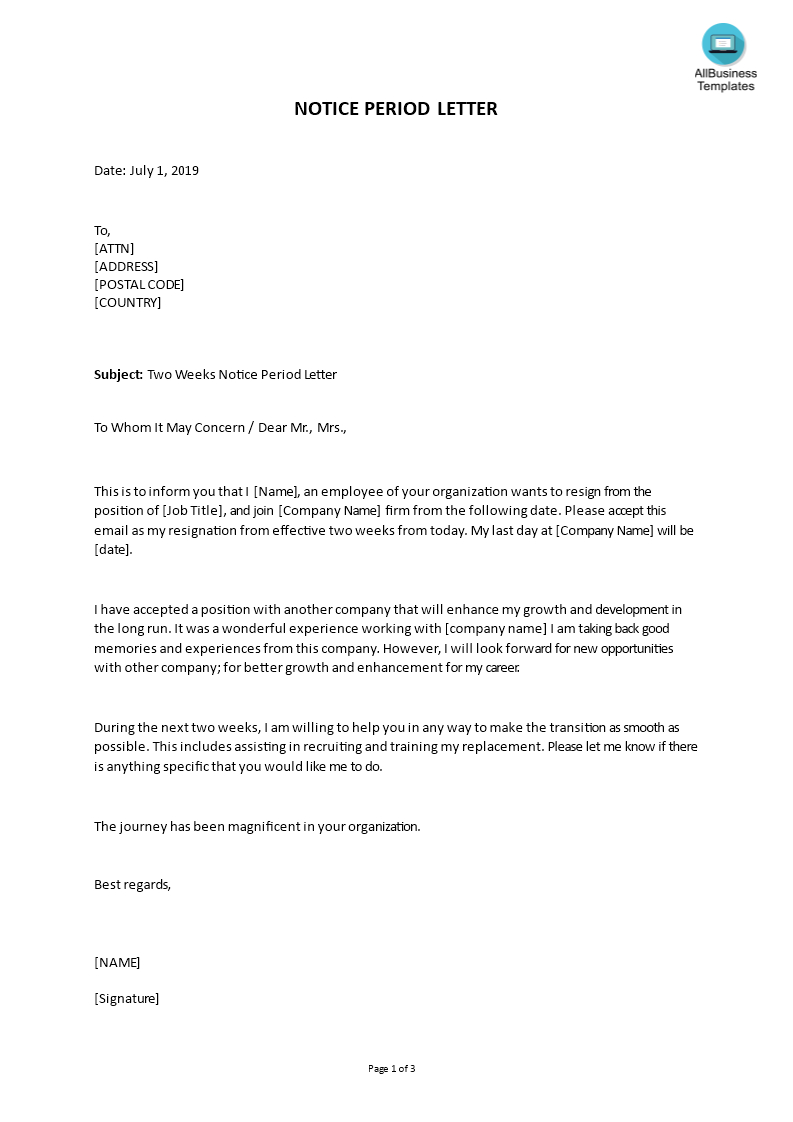 2 Weeks Notice Period Letter Template Word Format Within 2 Weeks Notice Template Word