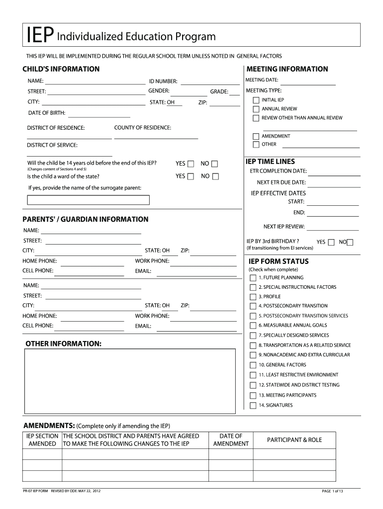 2012 2020 Form Oh Pr 07 Iep Fill Online, Printable, Fillable Intended For Blank Iep Template