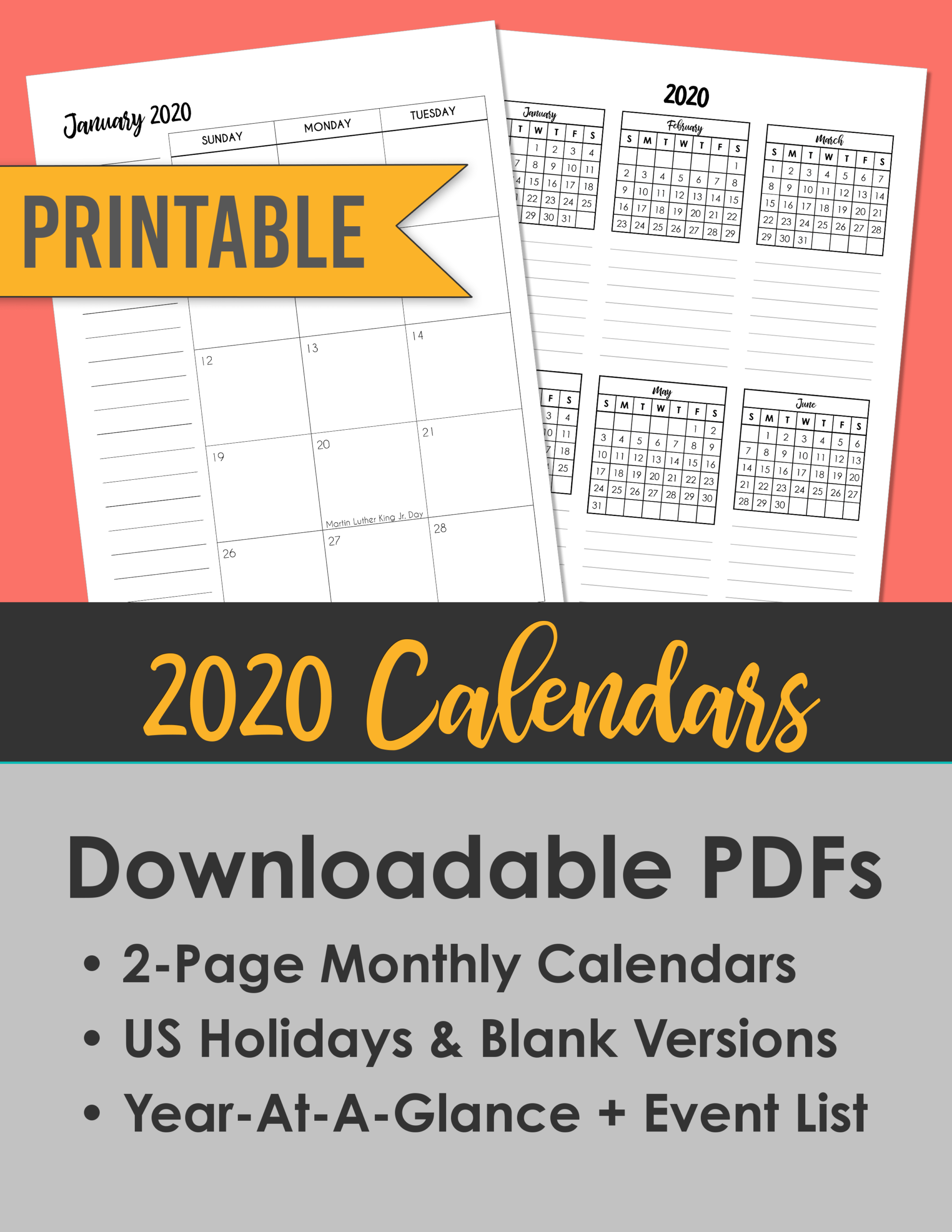2020 Monthly Calendars + Year At A Glance | Brush Lettering Regarding Month At A Glance Blank Calendar Template
