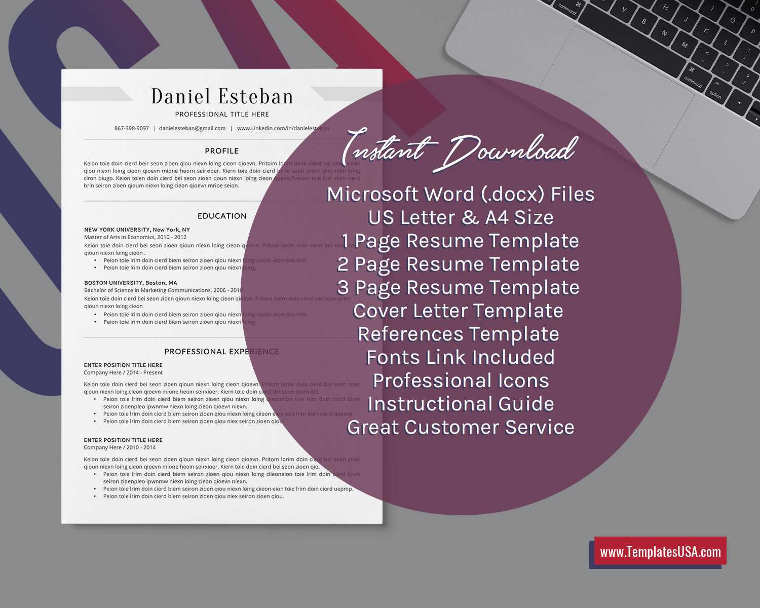 2020 Professional Ms Word Resume Template Curriculum Vitae, Simple Cv  Template, Minimalist Resume, Editable Resume, College Student Resume, 1 3  Page Intended For College Student Resume Template Microsoft Word