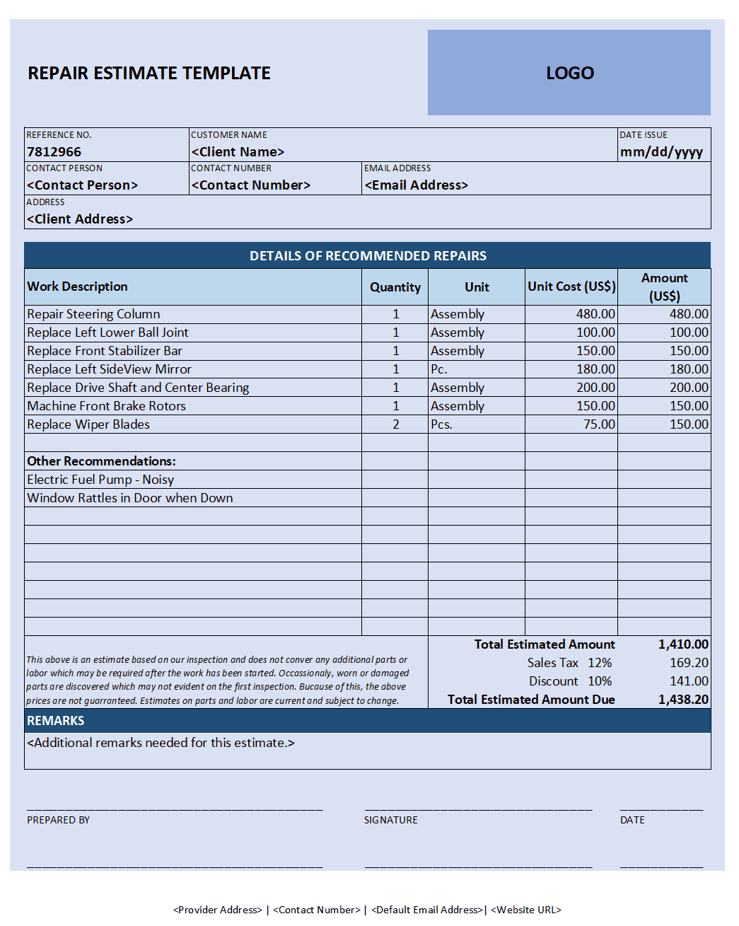 28 Free Estimate Template Forms [Construction, Repair For Work Estimate Template Word