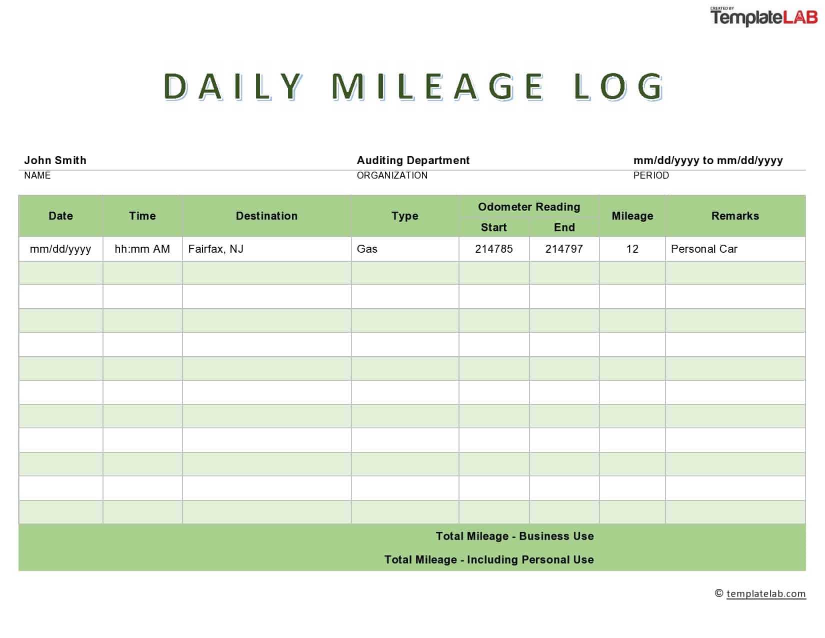 31 Printable Mileage Log Templates (Free) ᐅ Templatelab With Mileage Report Template