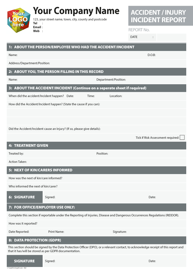 Accident & Incident Report Templates For Ncr Print From £35 With Accident Report Form Template Uk