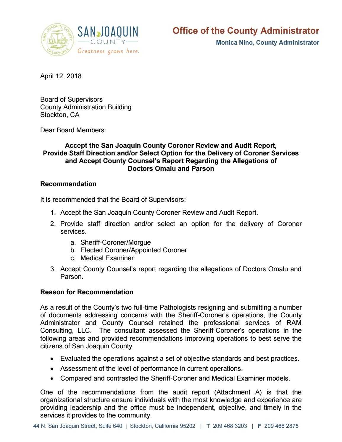 Administrator's Report On San Joaquin County Coroner's Pertaining To Coroner's Report Template