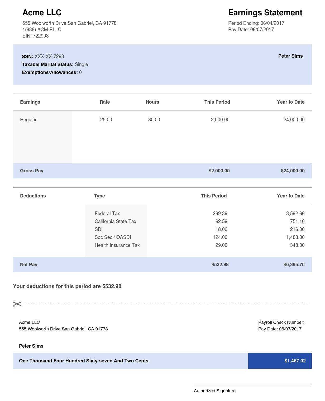 Adp Paystub Sample Template – Blue | Thepaystubs For Blank Pay Stubs Template