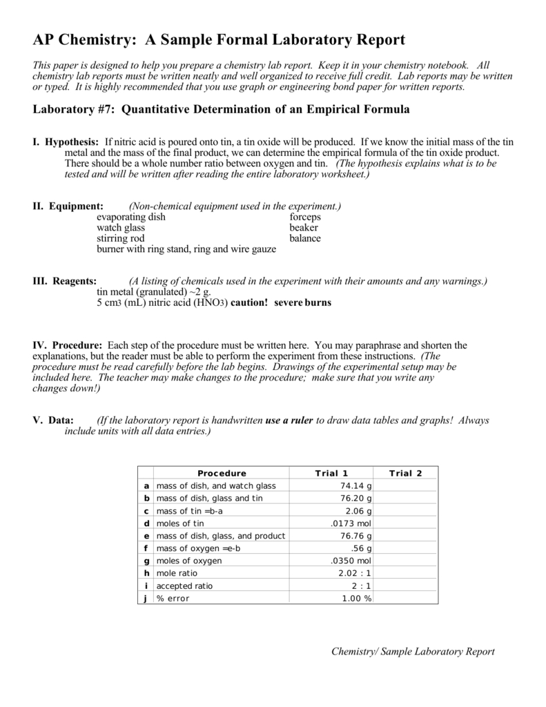 Ap Chemistry: A Sample Formal Laboratory Report For Formal Lab Report Template