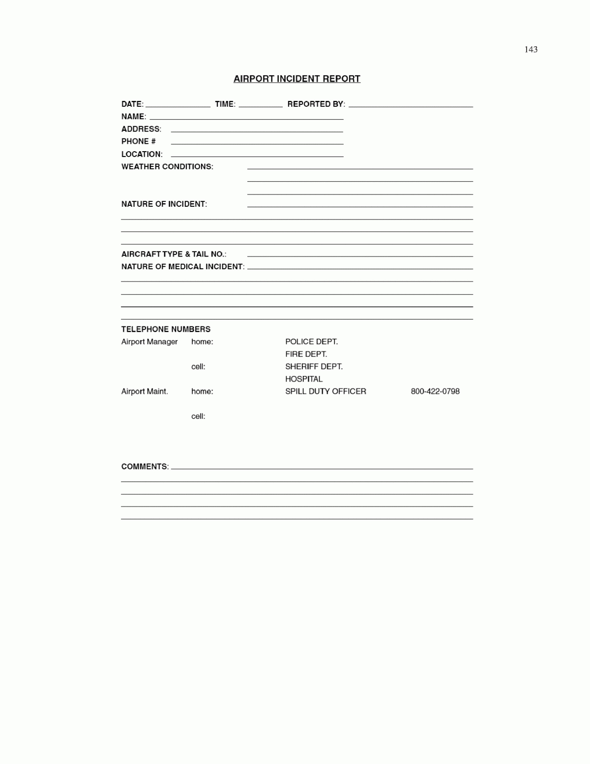 Appendix M – Sample Airport Incident Report Form For Spill In Incident Hazard Report Form Template