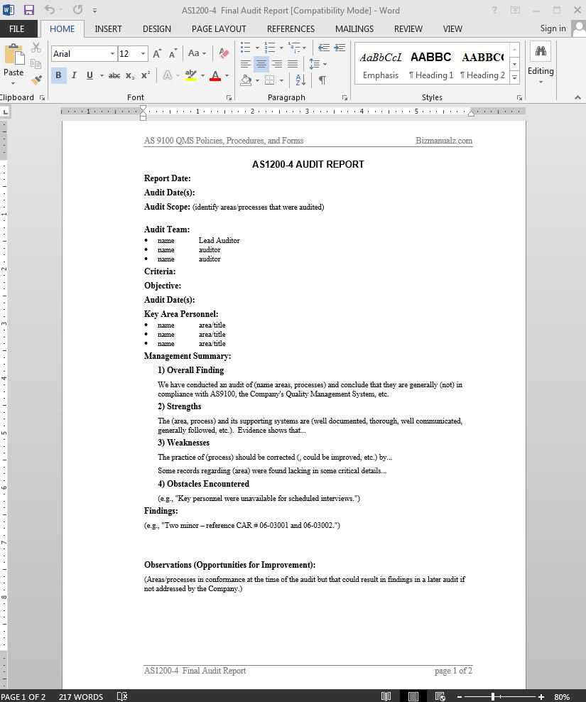 Audit Report As9100 Template | As1200 4 For Iso 9001 Internal Audit Report Template