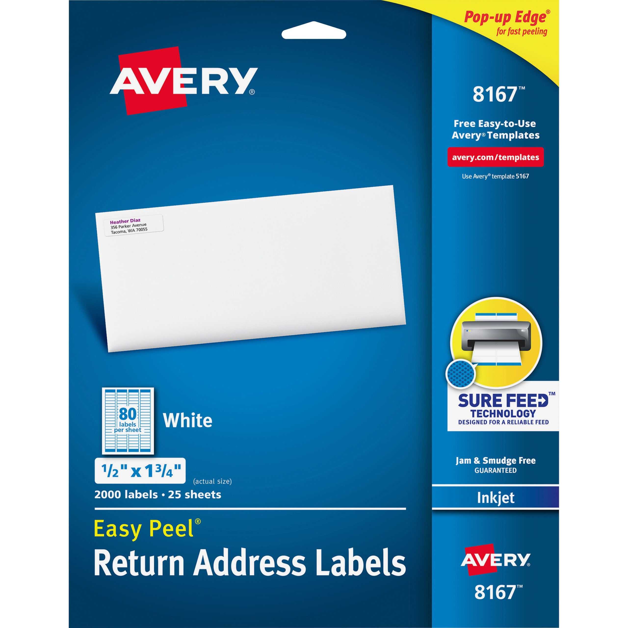 Avery® Easy Peel(R) Return Address Labels, Sure Feed(Tm) Technology,  Permanent Adhesive, 1/2" X 1 3/4", 2,000 Labels (8167) – 1 3/4" Width X  1/2" With Regard To Labels 8 Per Sheet Template Word