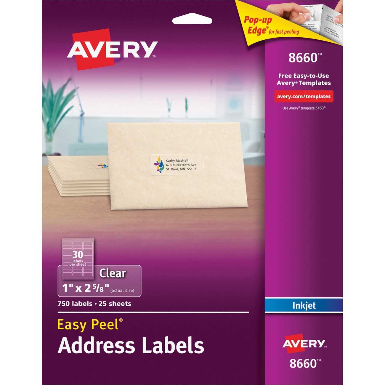 Avery® Matte Clear Address Labels, Sure Feed(Tm) Technology, Inkjet, 1" X  2 5/8", 750 Labels (8660) – Permanent Adhesive – 1" Width X 2 5/8" Length – Intended For 8 Labels Per Sheet Template Word