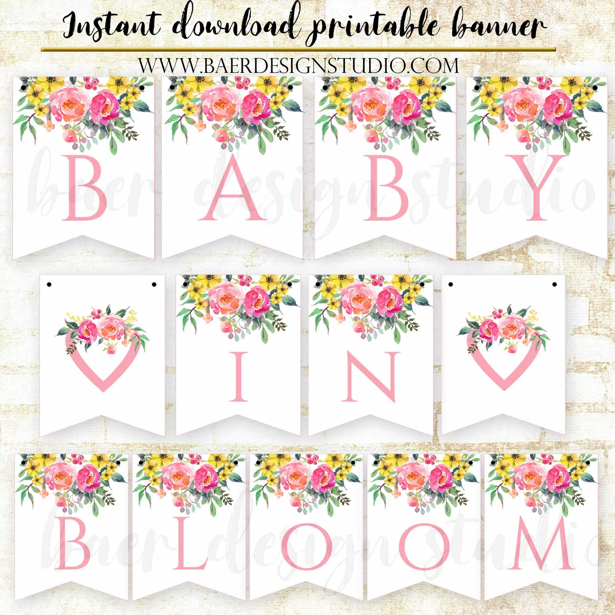 Baby In Bloom Printable Baby Shower Banner, Instant Download Pertaining To Baby Shower Banner Template
