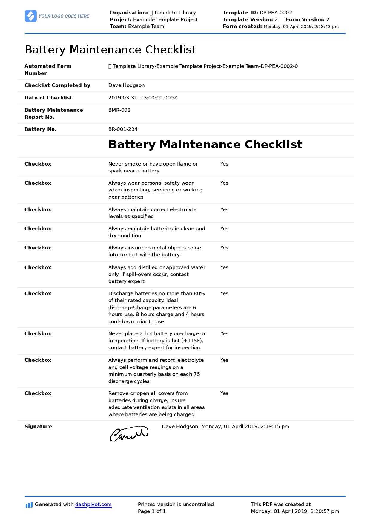 Battery Maintenance Checklist (Forklift, Industrial, Golf Within Computer Maintenance Report Template