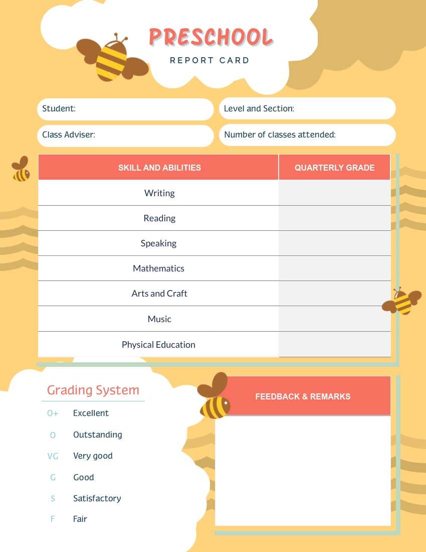 Bee Preschool Report Card Template – Visme Throughout Preschool Weekly Report Template