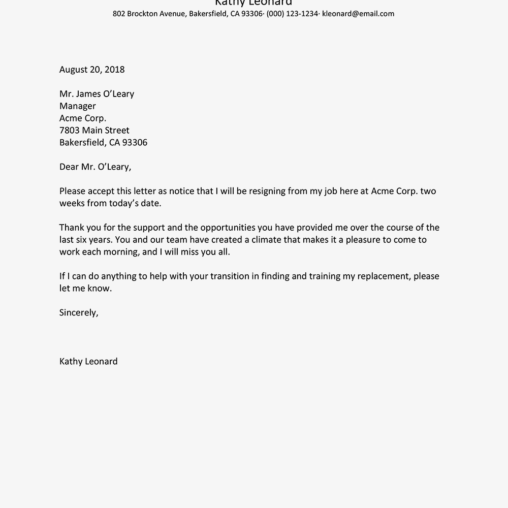 Best Resignation Letter Examples Within Two Week Notice Template Word