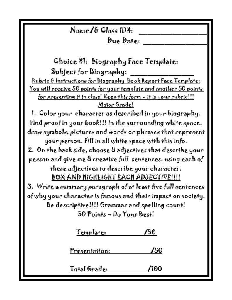 Biography Book Report Face Template Instructions.doc Within Book Report Template Grade 1