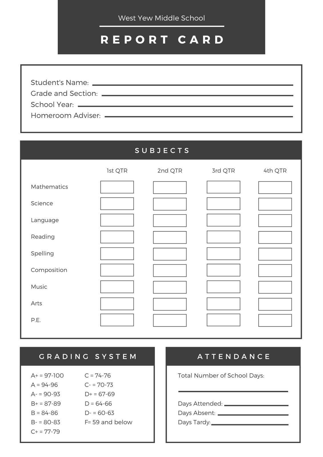 Black White Middle School Report Card – Templatescanva With Report Card Template Middle School