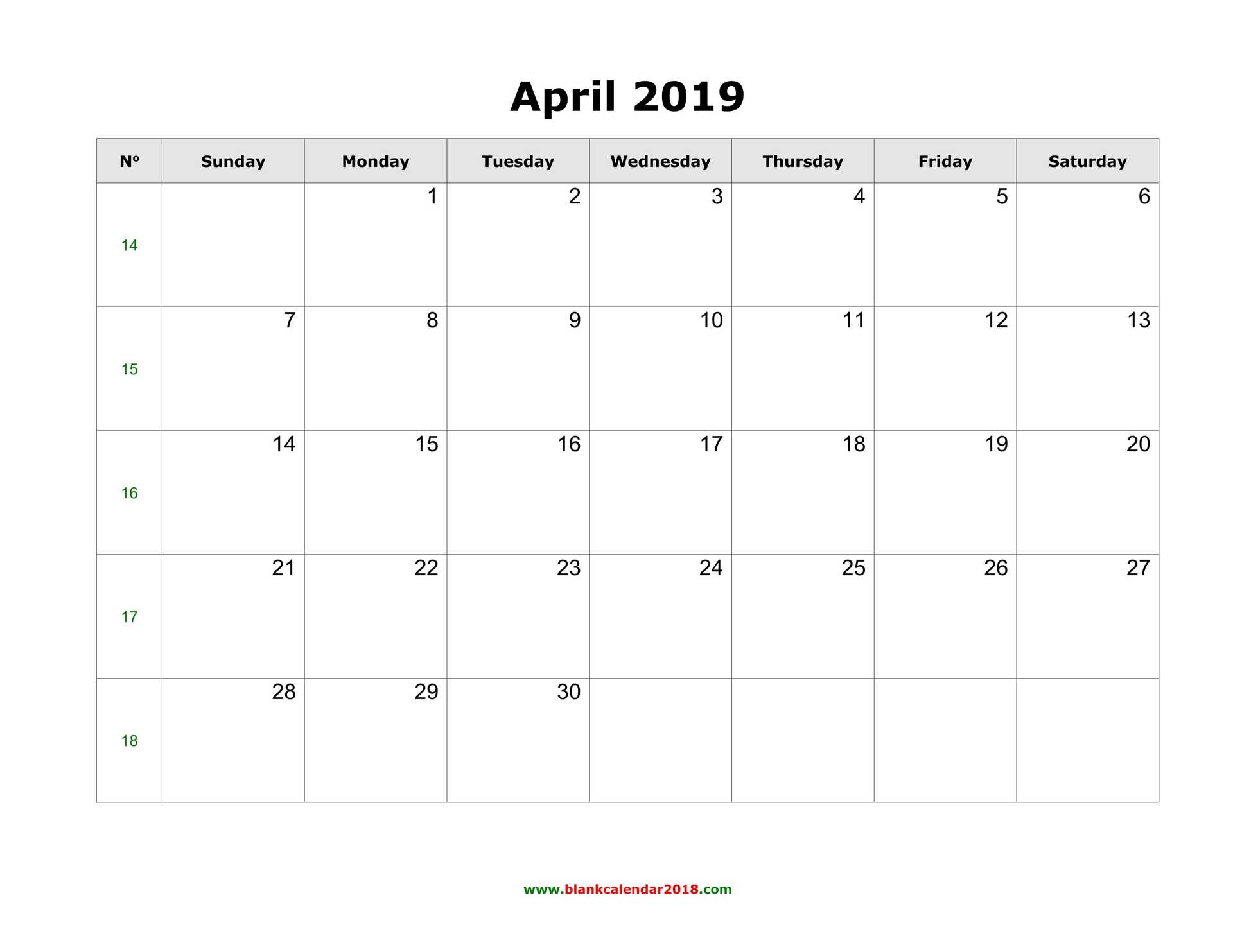 Blank Calendar For April 2019 Throughout Blank Calander Template