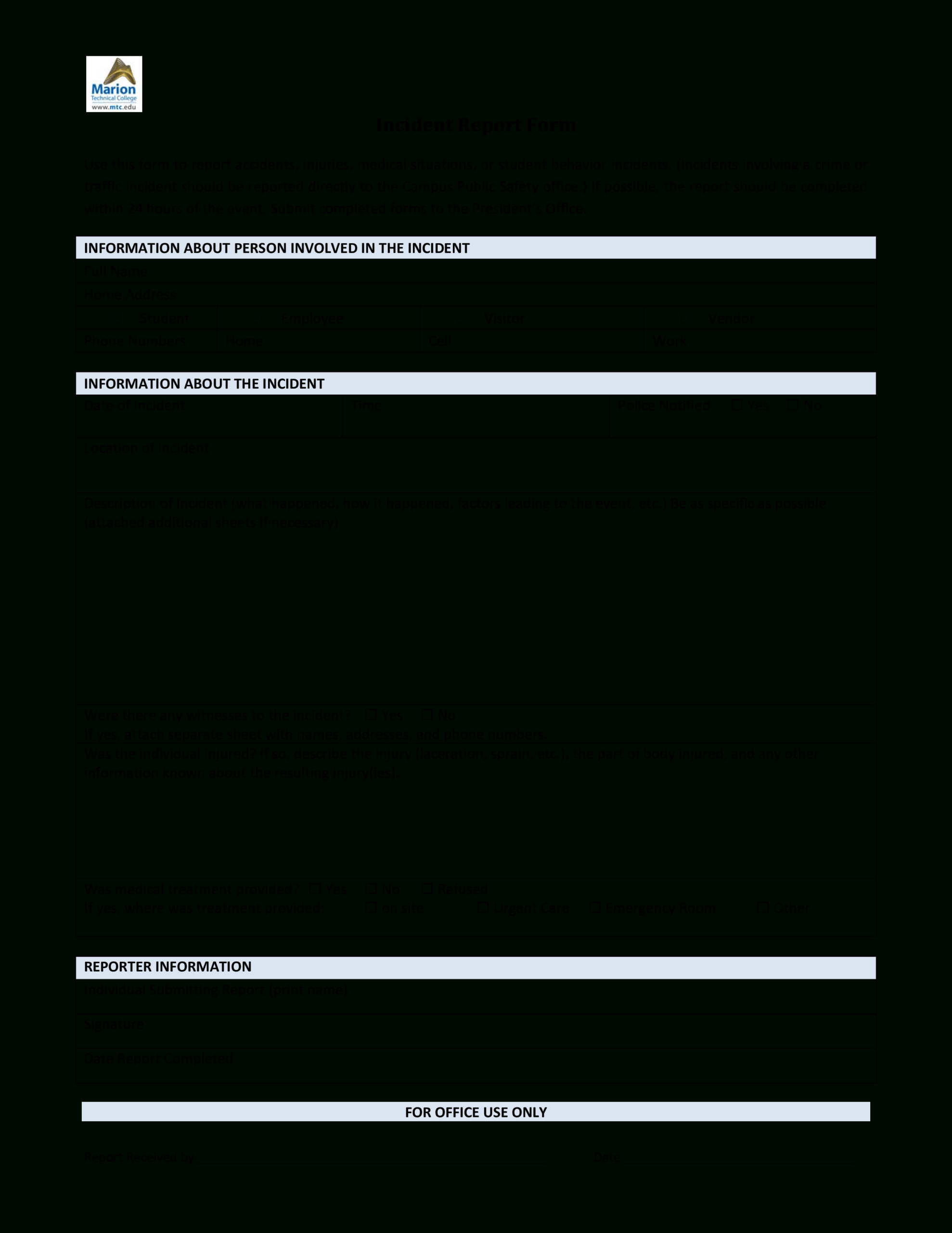 Blank Incident Report Form – Dalep.midnightpig.co For First Aid Incident Report Form Template