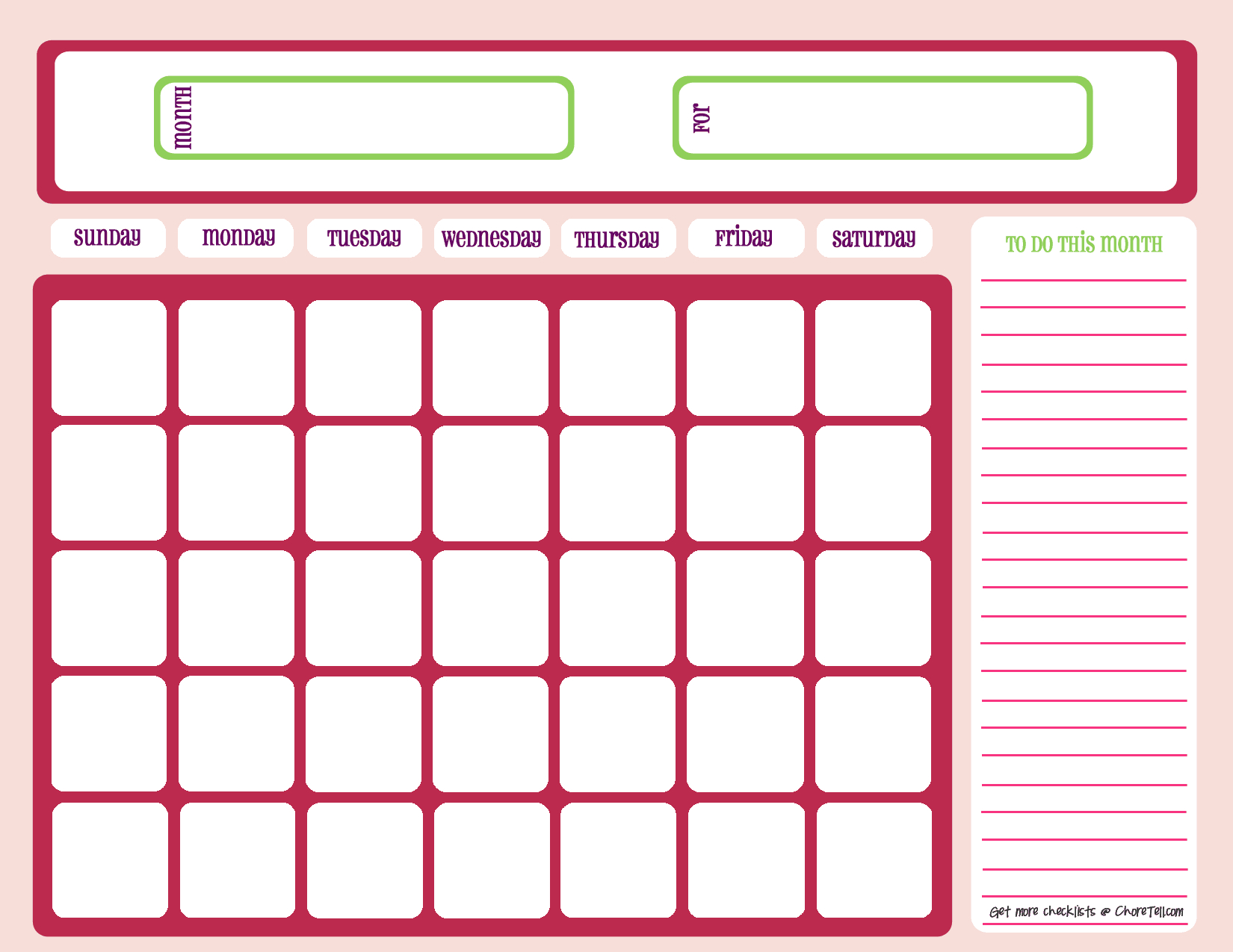 Blank Month Calendar – Pinks – Free Printable Downloads From With Regard To Blank One Month Calendar Template
