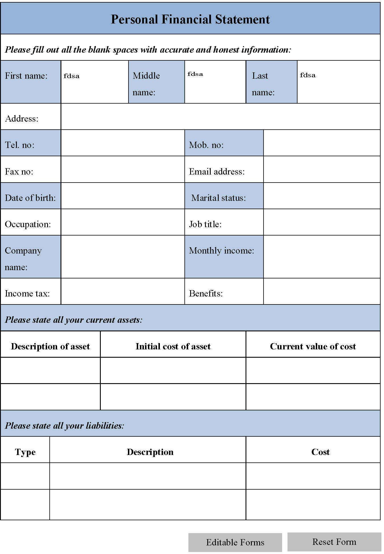 Blank Personal Financial Statement Form | Editable Forms Inside Blank Personal Financial Statement Template