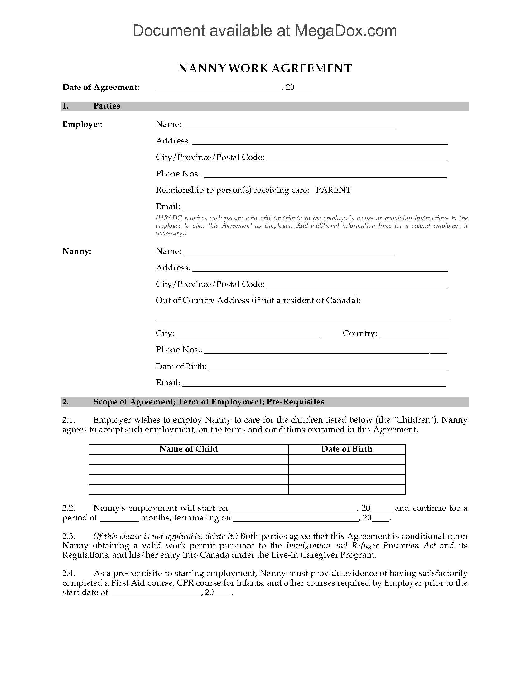 Canada Nanny Employment Agreement Throughout Nanny Contract Template Word