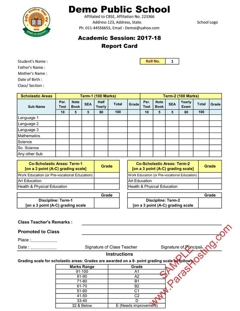 Cbse Report Card Format For Primary Classes  I To V With Educational Progress Report Template