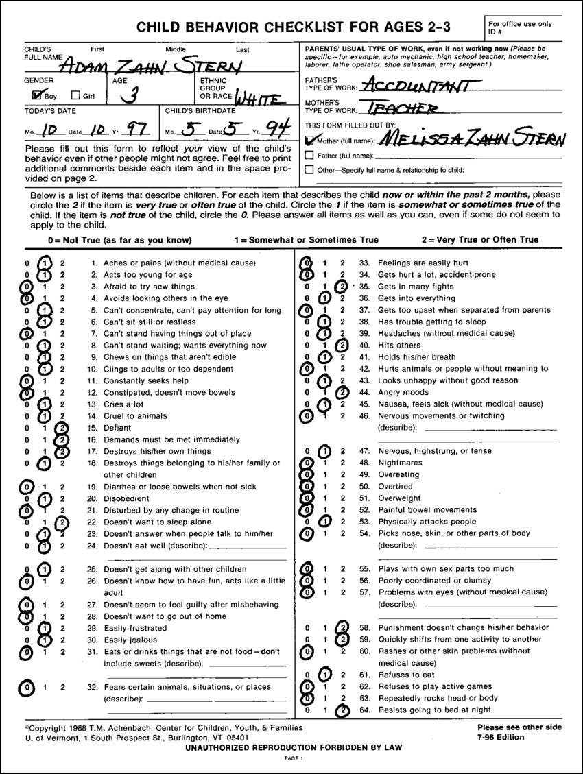 Child Behavior Checklist For Ages 2 To 3 Filled Out For Adam Intended For Behaviour Report Template