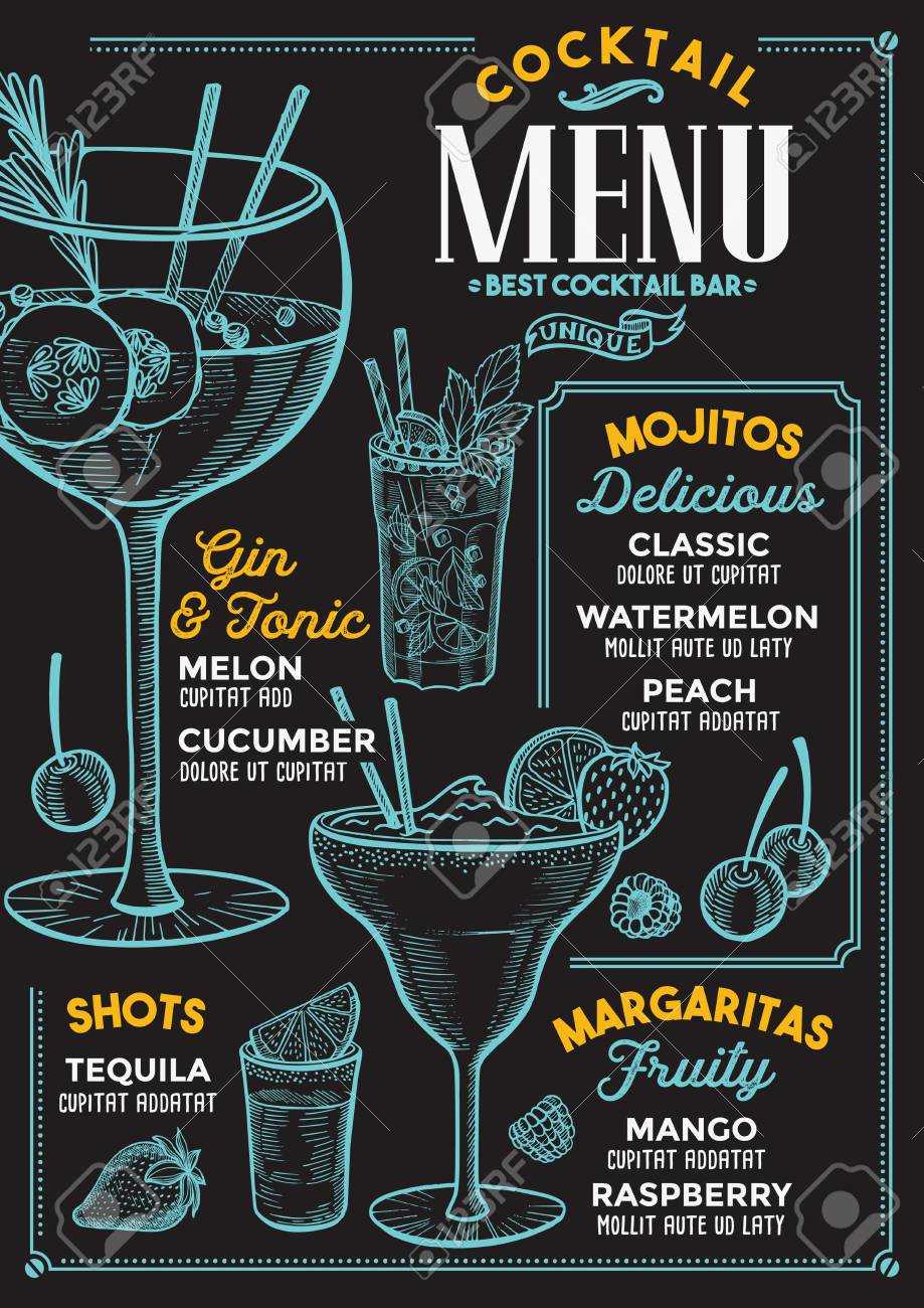 Cocktail Bar Menu. Vector Drinks Flyer For Restaurant And Cafe Pertaining To Cocktail Menu Template Word Free