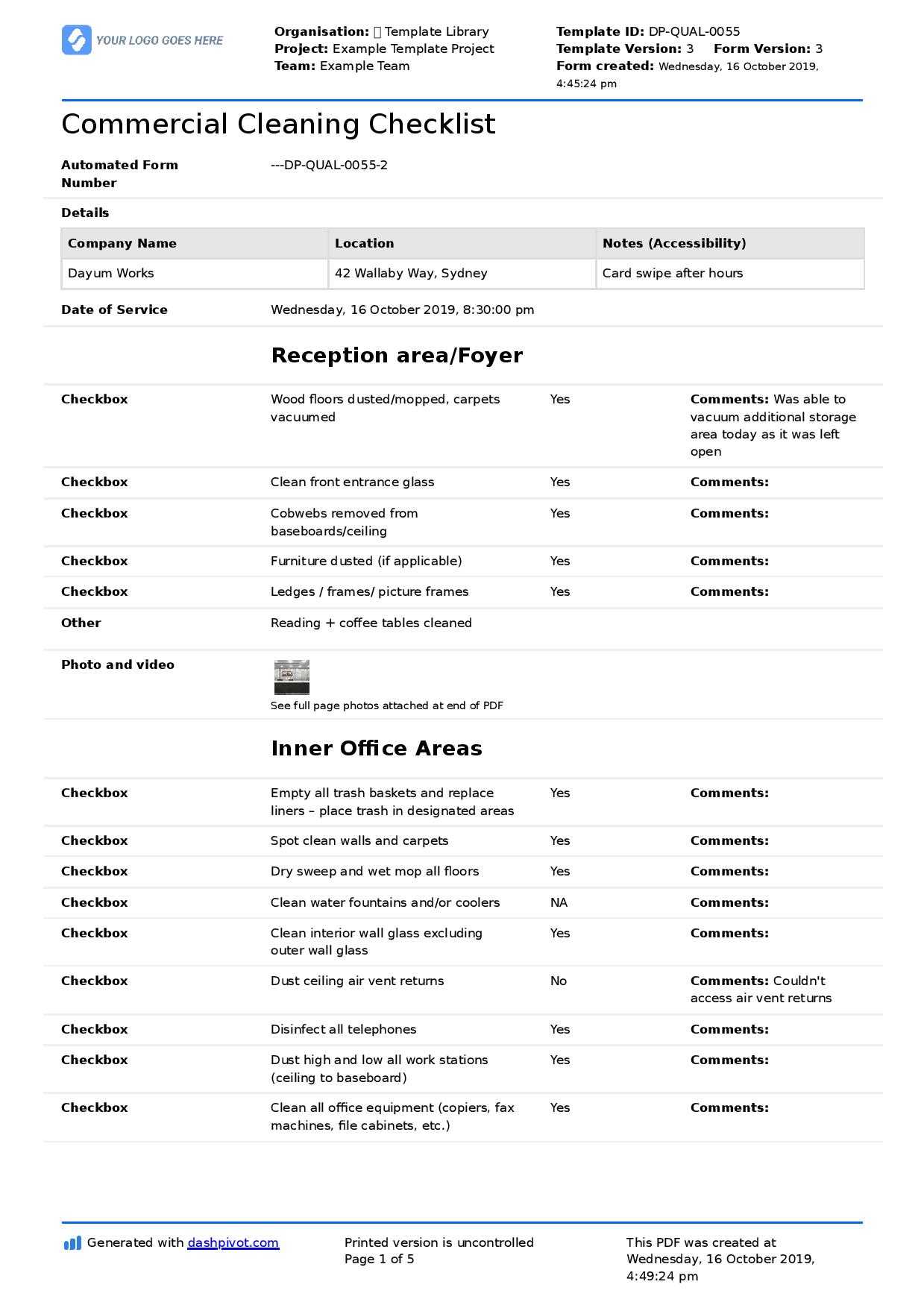 Commercial Cleaning Checklist Template (Free + Editable With Cleaning Report Template