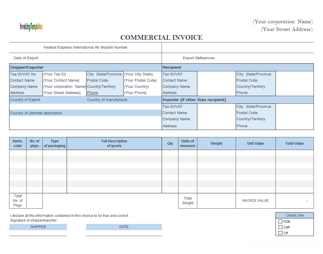 Commercial Invoice – Fedex Style (Landscape) For Commercial Invoice Template Word Doc