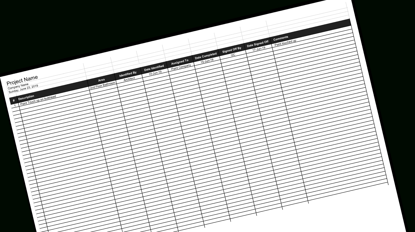 Construction Deficiency Log And Punch List Template Inside Construction Deficiency Report Template