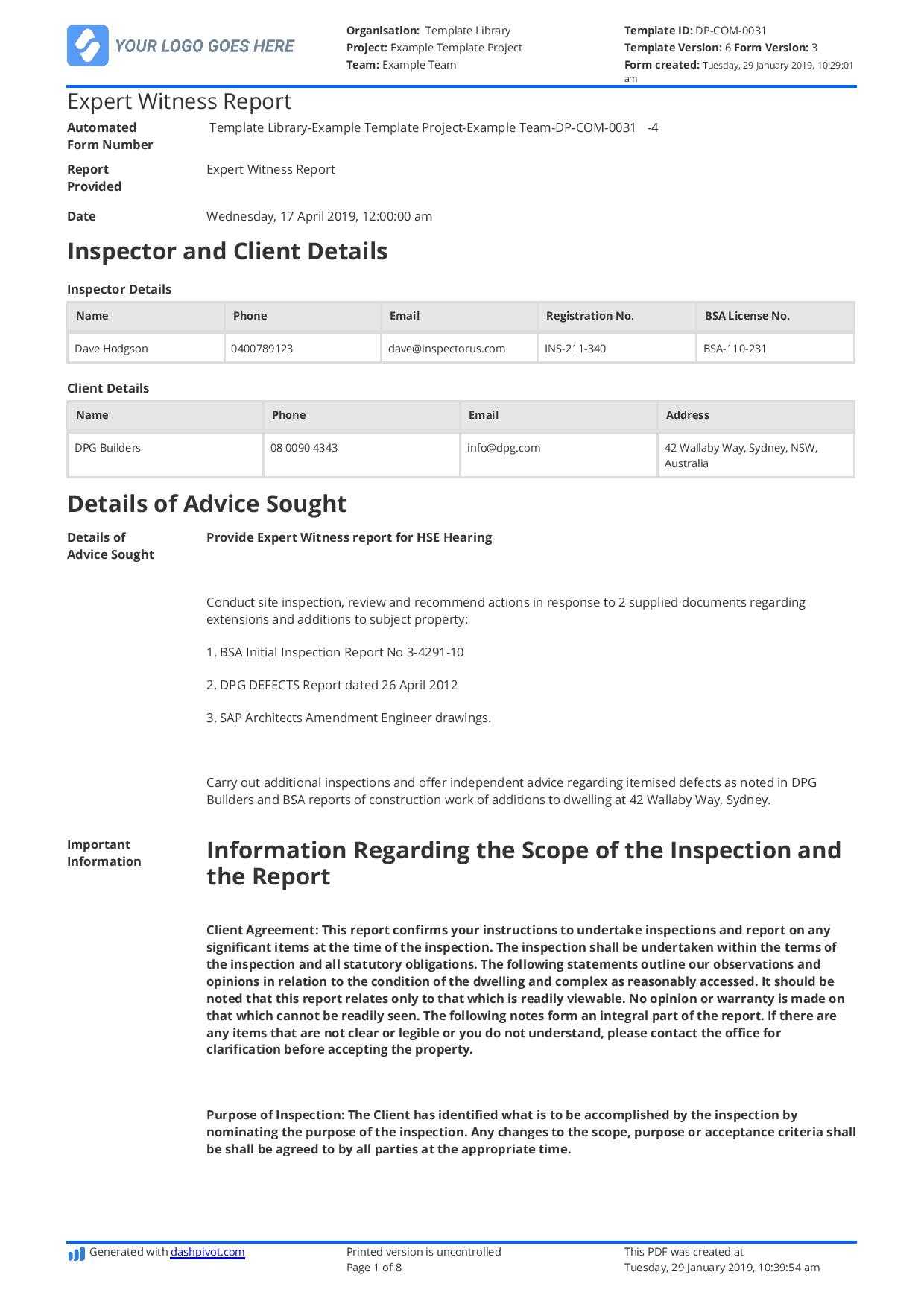 Construction Expert Witness Report Example And Editable Template Within Report Content Page Template