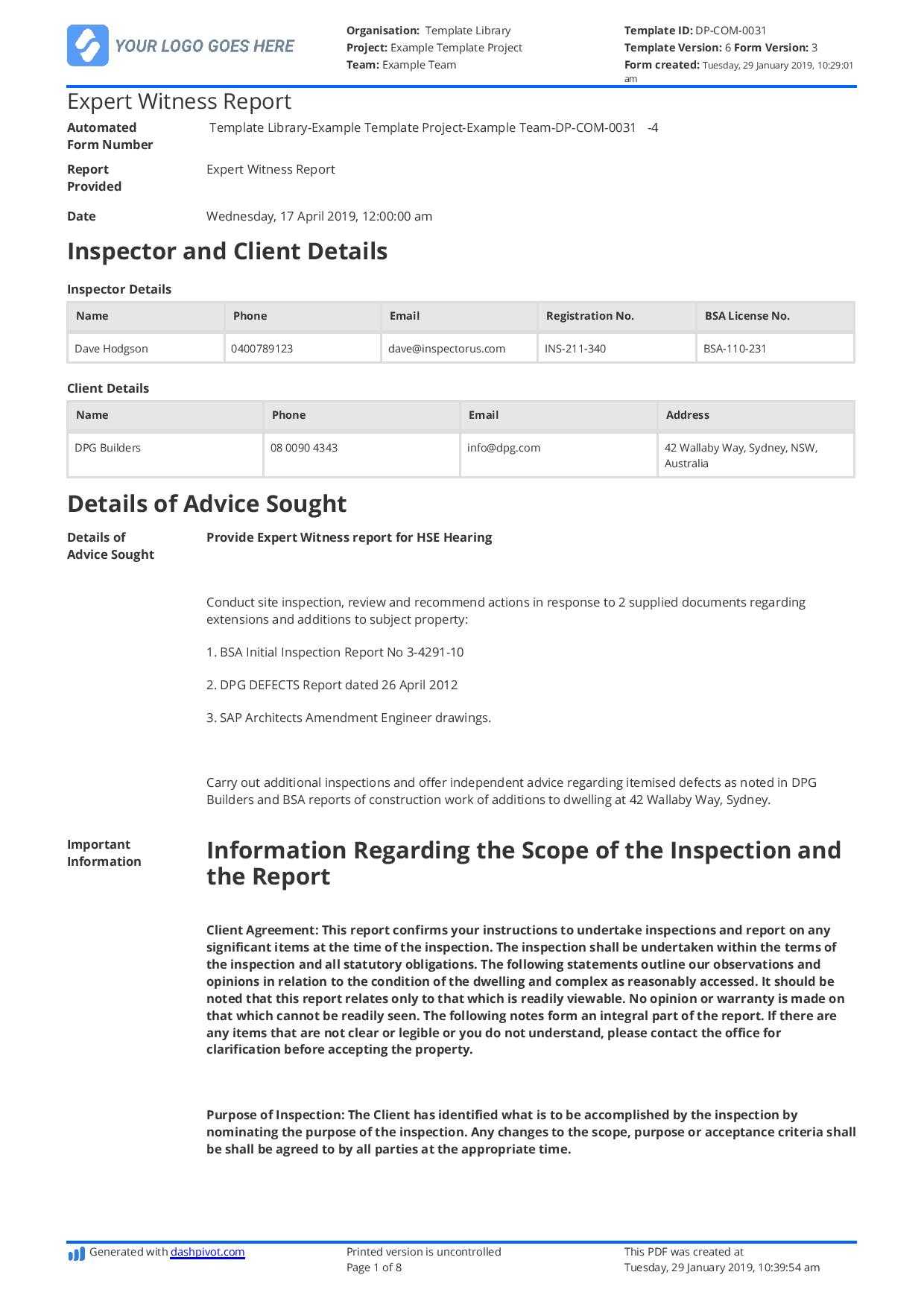 Construction Expert Witness Report Example And Editable Template Within Report Content Page Template