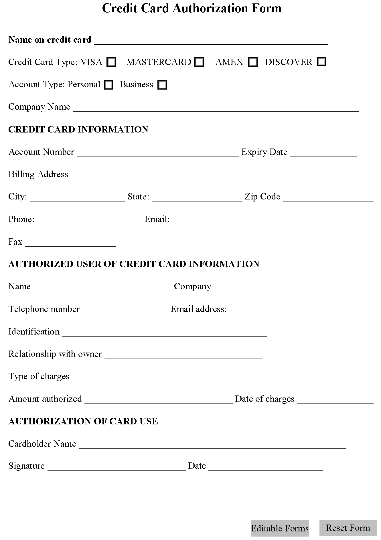 Credit Card Authorization Form | Editable Forms Regarding Credit Card Authorization Form Template Word