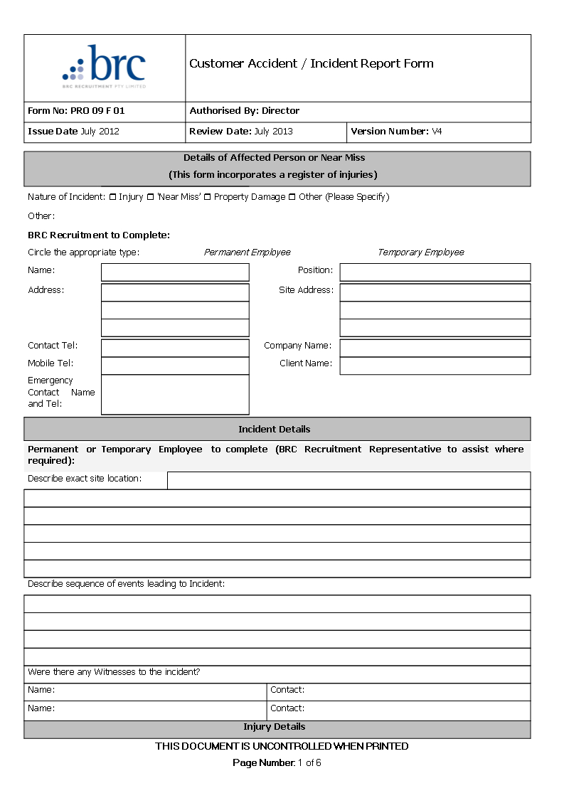 Customer Accident Incident Report | Templates At For Customer Contact Report Template