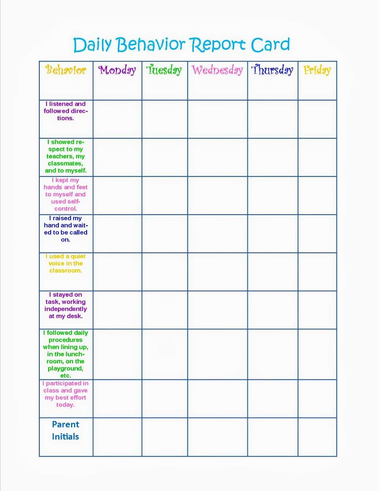 Daily Behavior Chart – Calep.midnightpig.co Within Daily Report Card Template For Adhd