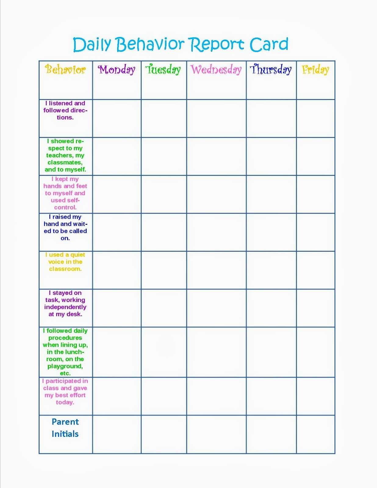 Daily Behavior Chart – Calep.midnightpig.co Within Daily Report Card Template For Adhd