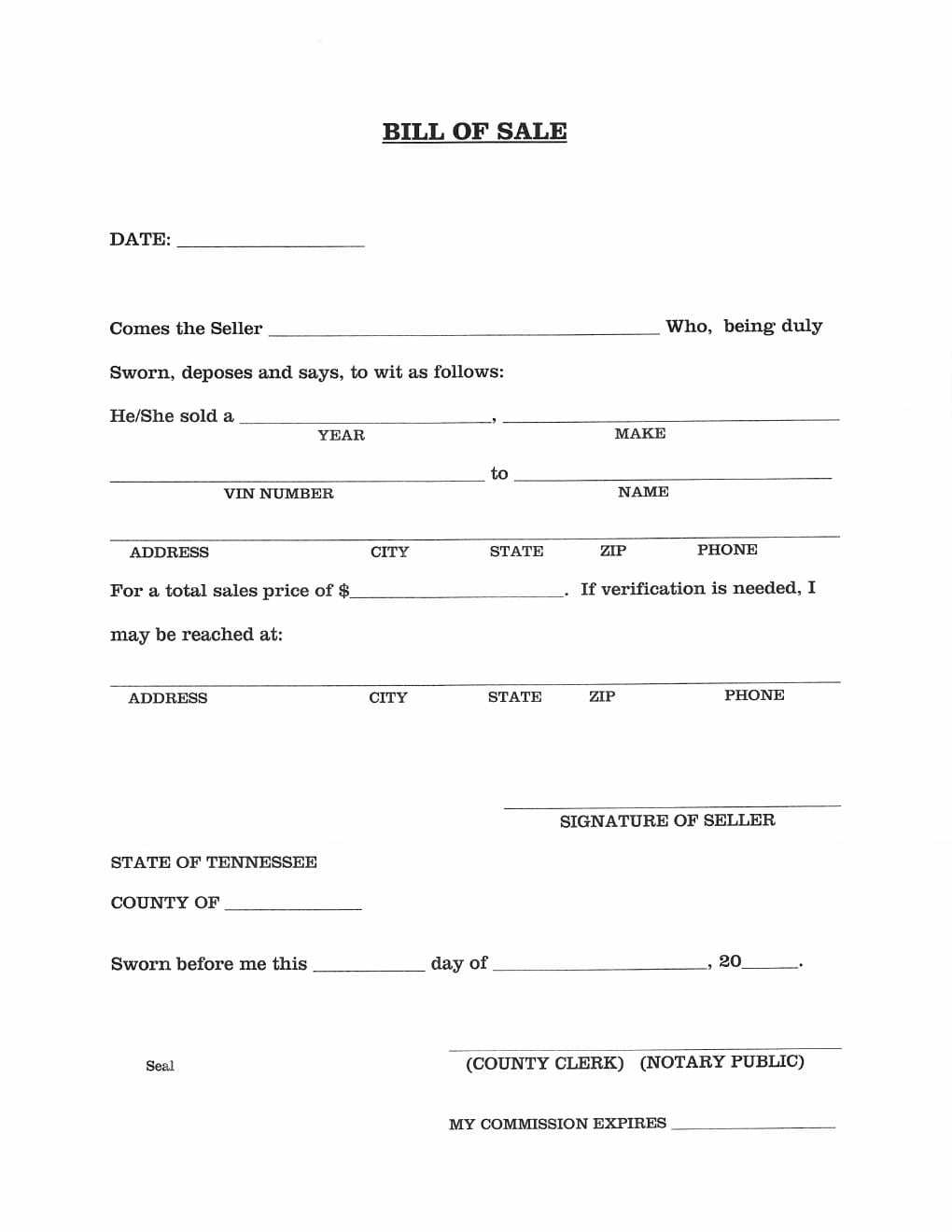 Download Free Tennessee Vehicle Bill Of Sale Form | Form For Vehicle Bill Of Sale Template Word