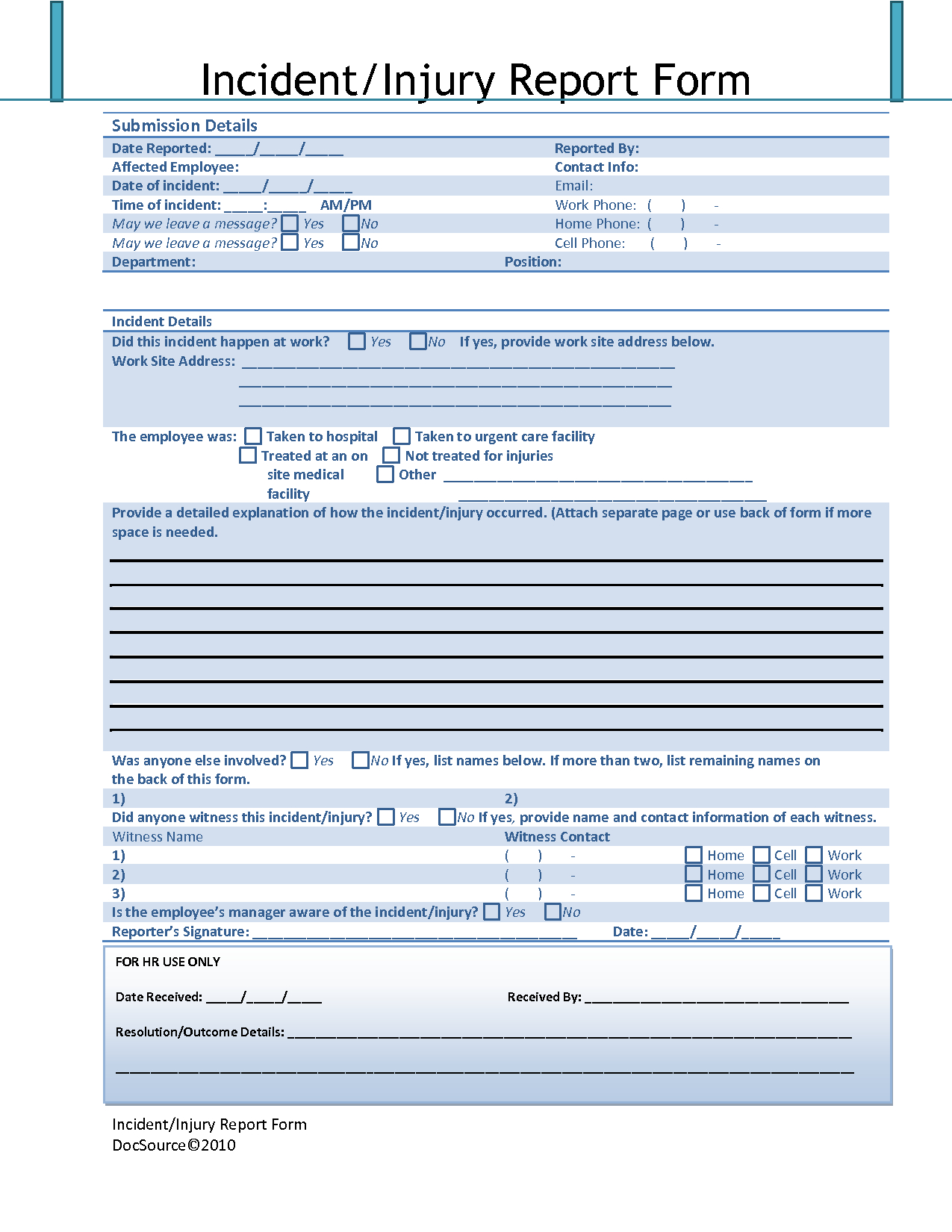 Effective Accident Injury Report Form Template With Blue Regarding Injury Report Form Template