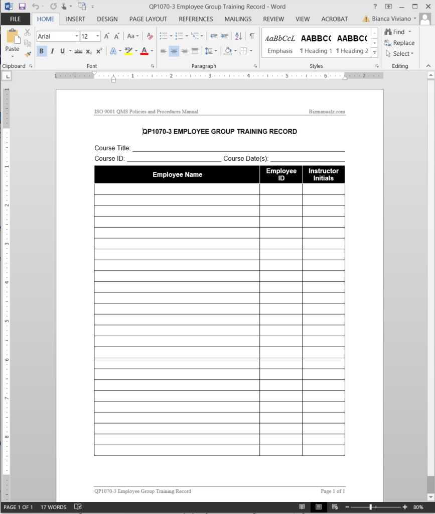 Employee Group Training Record Iso Template | Qp1070 3 Within Training Documentation Template Word