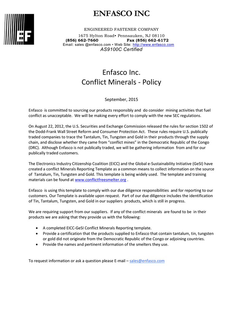 Enfasco Inc Enfasco Inc. Conflict Minerals – Policy | Manualzz Within Conflict Minerals Reporting Template