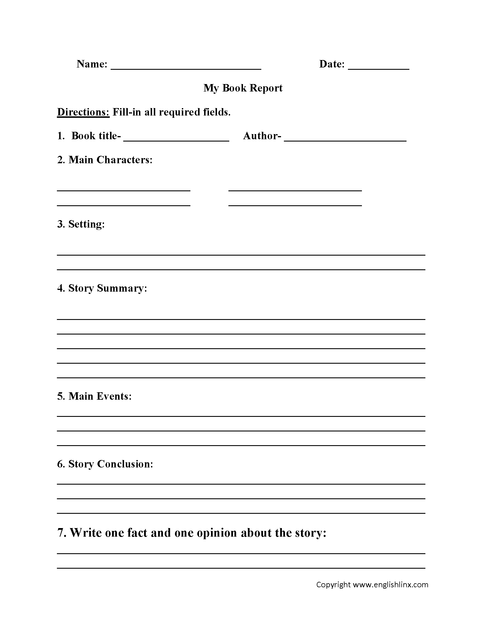 Englishlinx | Book Report Worksheets For Middle School Book Report Template