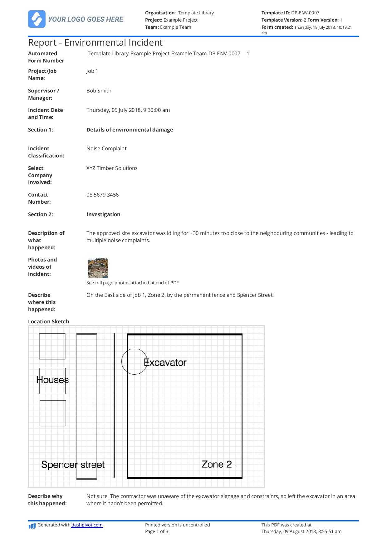 Environmental Incident Report Form Template: Use This Free Regarding Incident Report Log Template