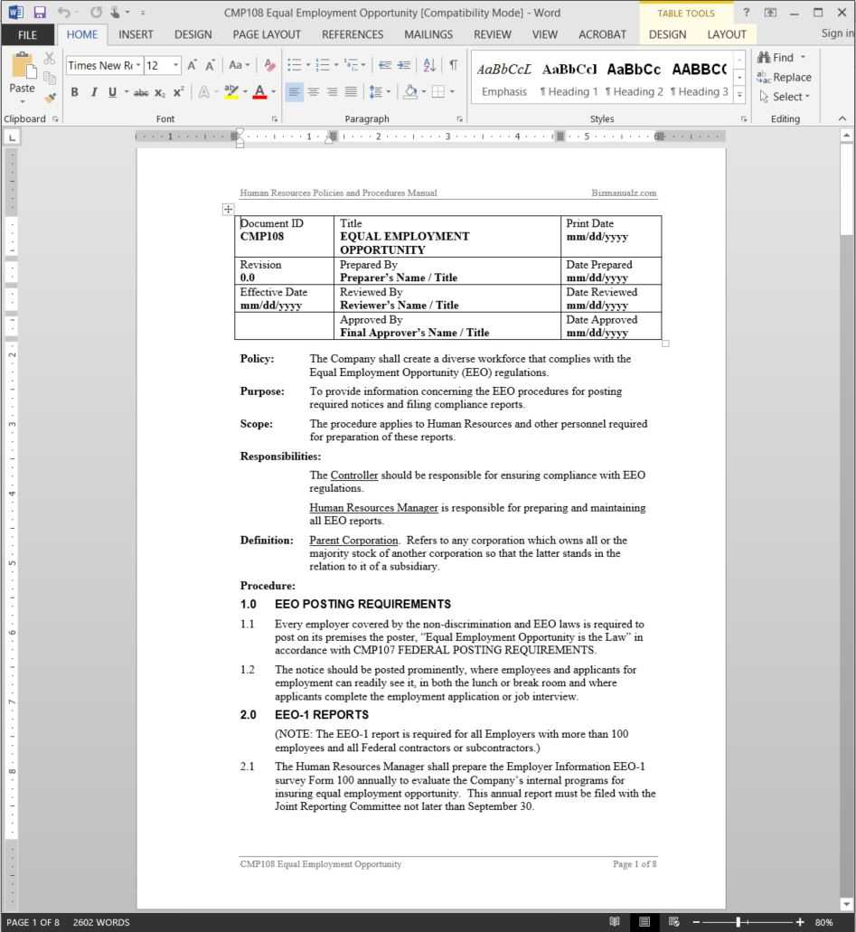 Equal Employment Opportunity Procedure Eeo | Cmp108 Inside Eeo 1 Report Template