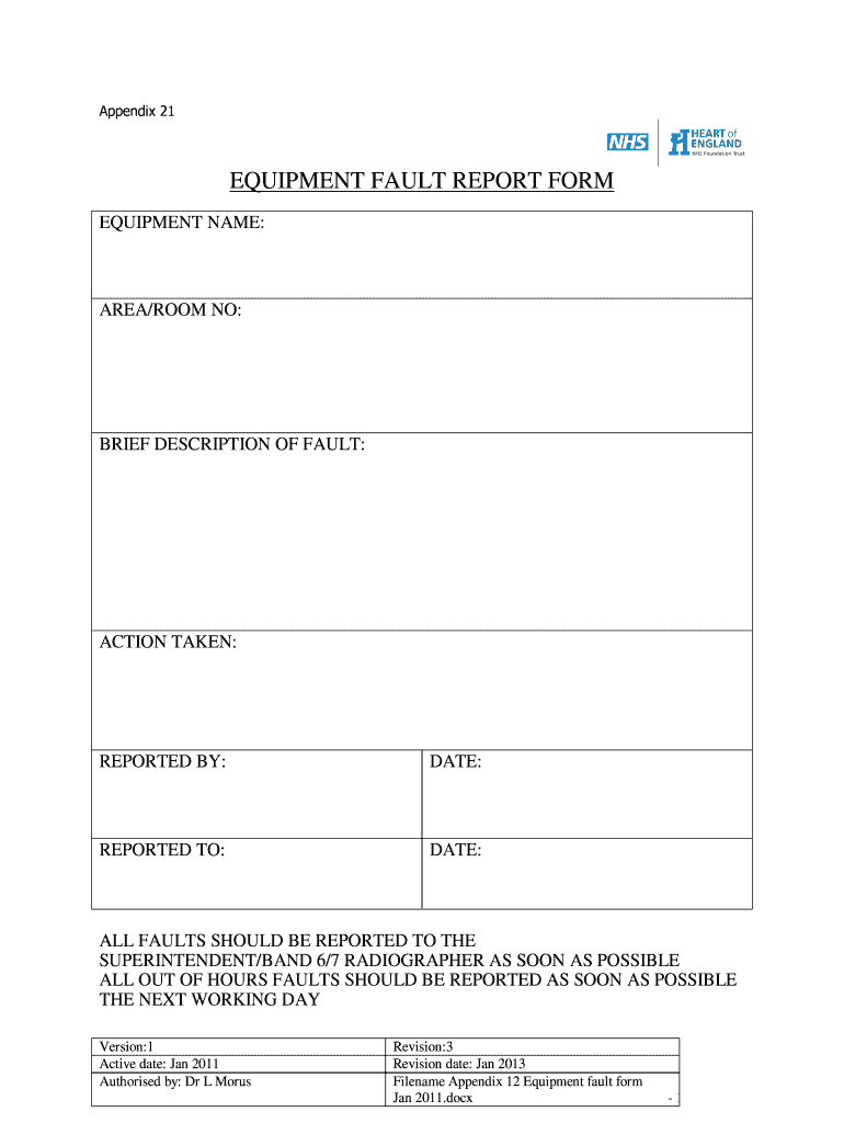 Equipment Fault Report - Fill Online, Printable, Fillable Inside Equipment Fault Report Template