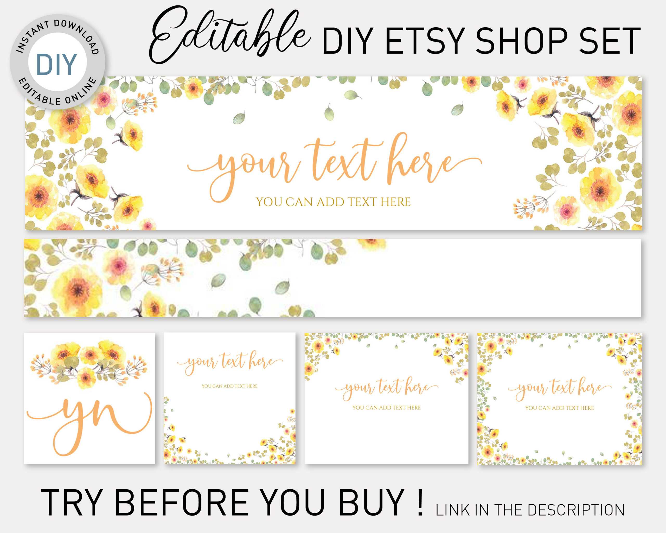 Etsy Banner Diy Template, Yellow Watercolor Flowers Etsy Branding Kit, Etsy  Shop Graphics,etsy Cover Image,templett Etsy Shop Mockup Regarding Etsy Banner Template