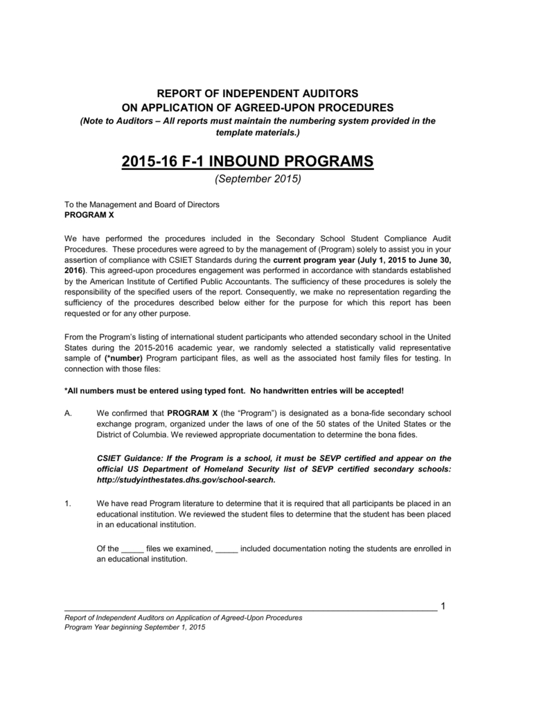 F 1 Compliance Audit Report With Agreed Upon Procedures Report Template