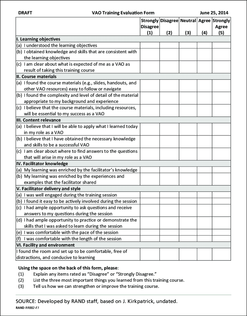 Figure F.1 Proposed Training Evaluation Form, Page 1 Within Training Evaluation Report Template